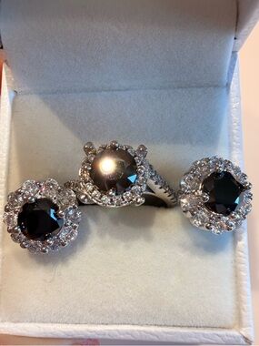 Black Moissanite Ring & Earrings Set Halo White Gold Plated Adjustable